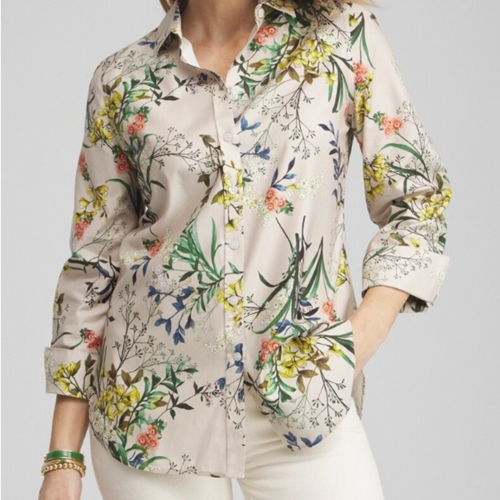 Chico’s Floral Print No Iron Button Front Shirt Blouse 3.5 (18)